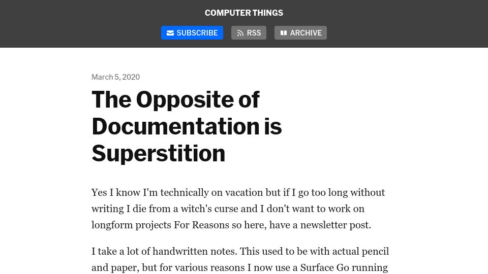 Screenshot of buttondown.com: The Opposite of Documentation is Superstition (2020)