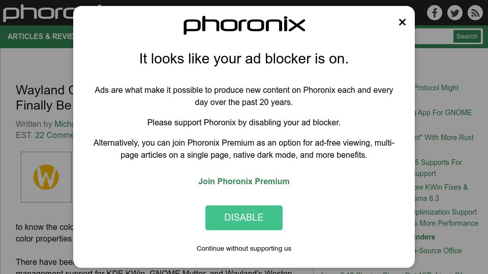 Screenshot of phoronix.com: Wayland Color Management Protocol Might Be Close to Merging
