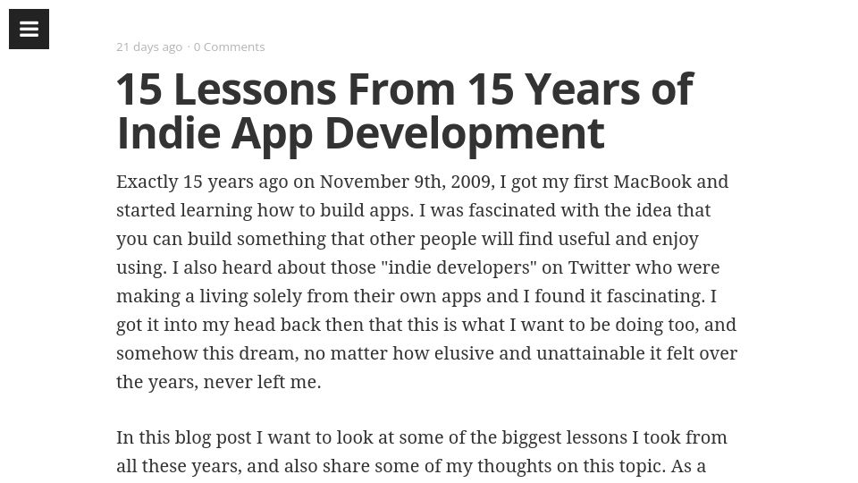 Screenshot of lukaspetr.com: Lessons from 15 Years of Indie App Development