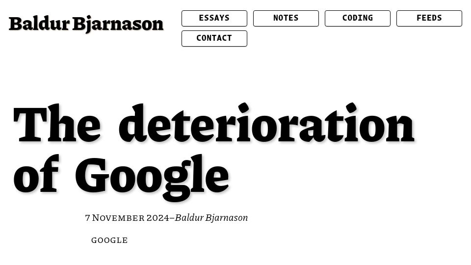 Screenshot of baldurbjarnason.com: The deterioration of Google