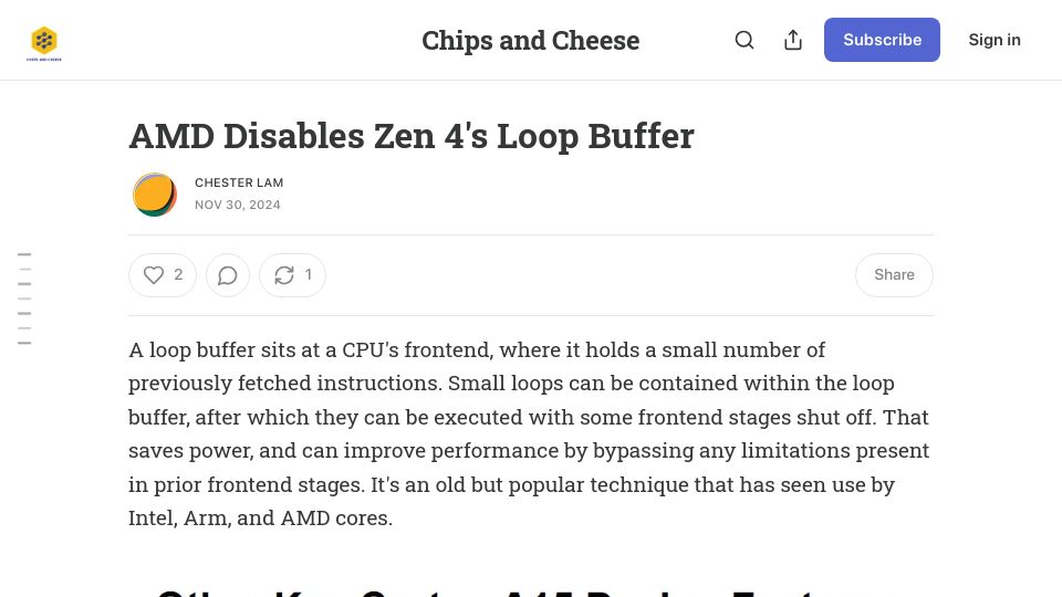 Screenshot of chipsandcheese.com: AMD Disables Zen 4's Loop Buffer