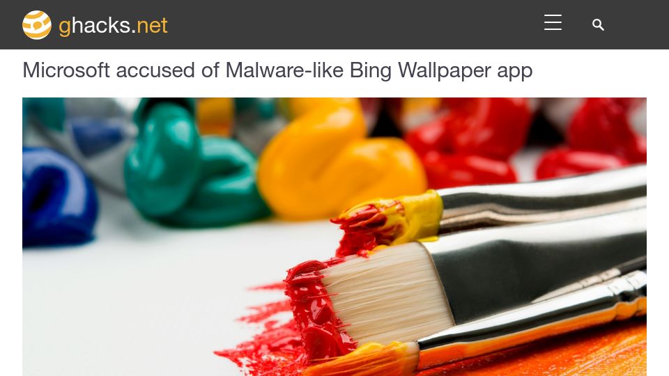Screenshot of ghacks.net: Microsoft accused of Malware-like Bing Wallpaper app