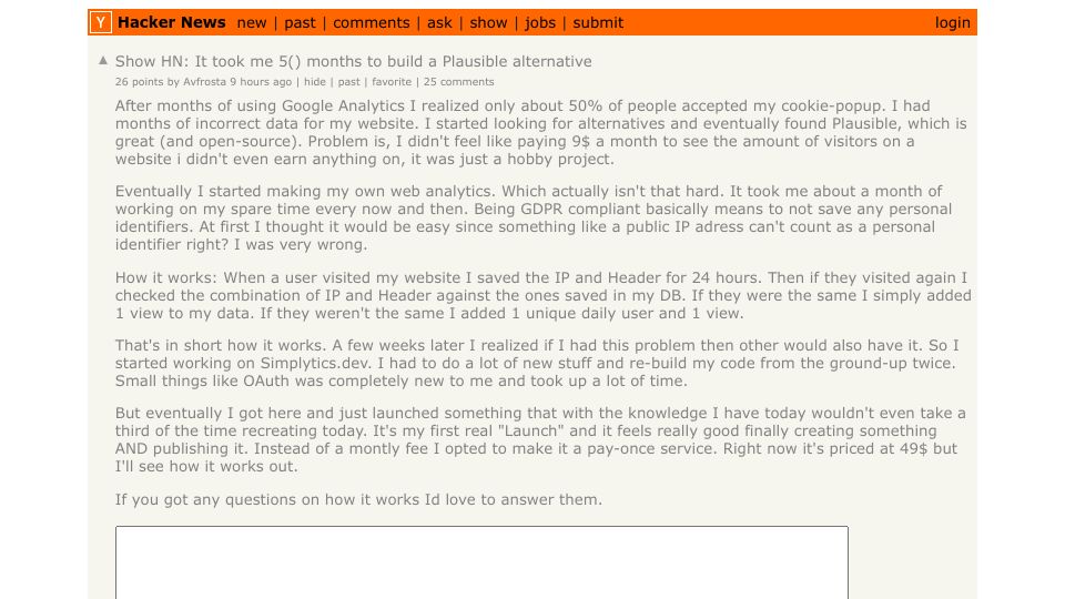 Screenshot of Hacker News post: Show HN: It took me 5() months to build a Plausible alternative