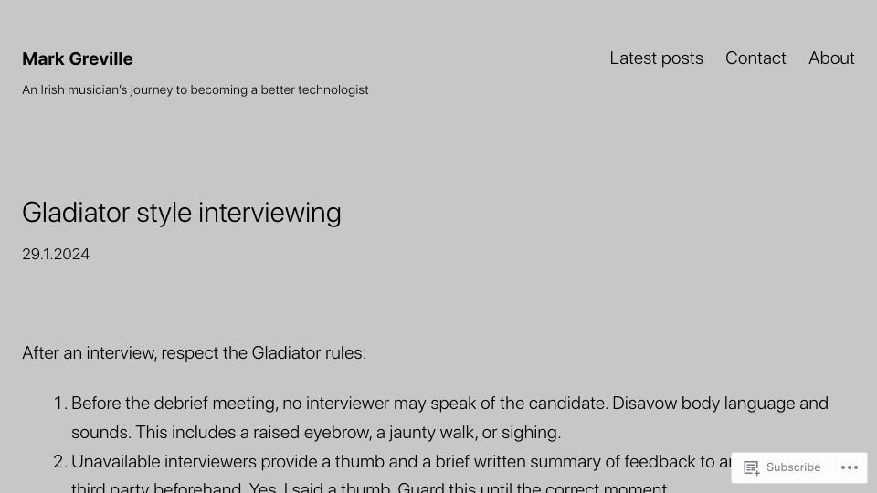Screenshot of markgreville.ie: Gladiator Style Interviewing