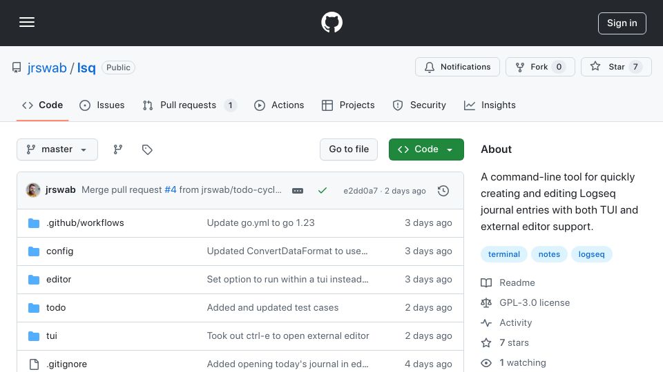 Screenshot of github.com: Show HN: A terminal tool for Logseq journal entries