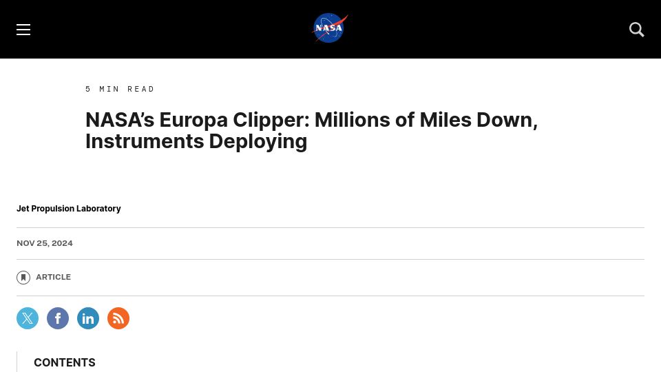 Screenshot of nasa.gov: NASA's Europa Clipper: Miles Down, Instruments Deploying