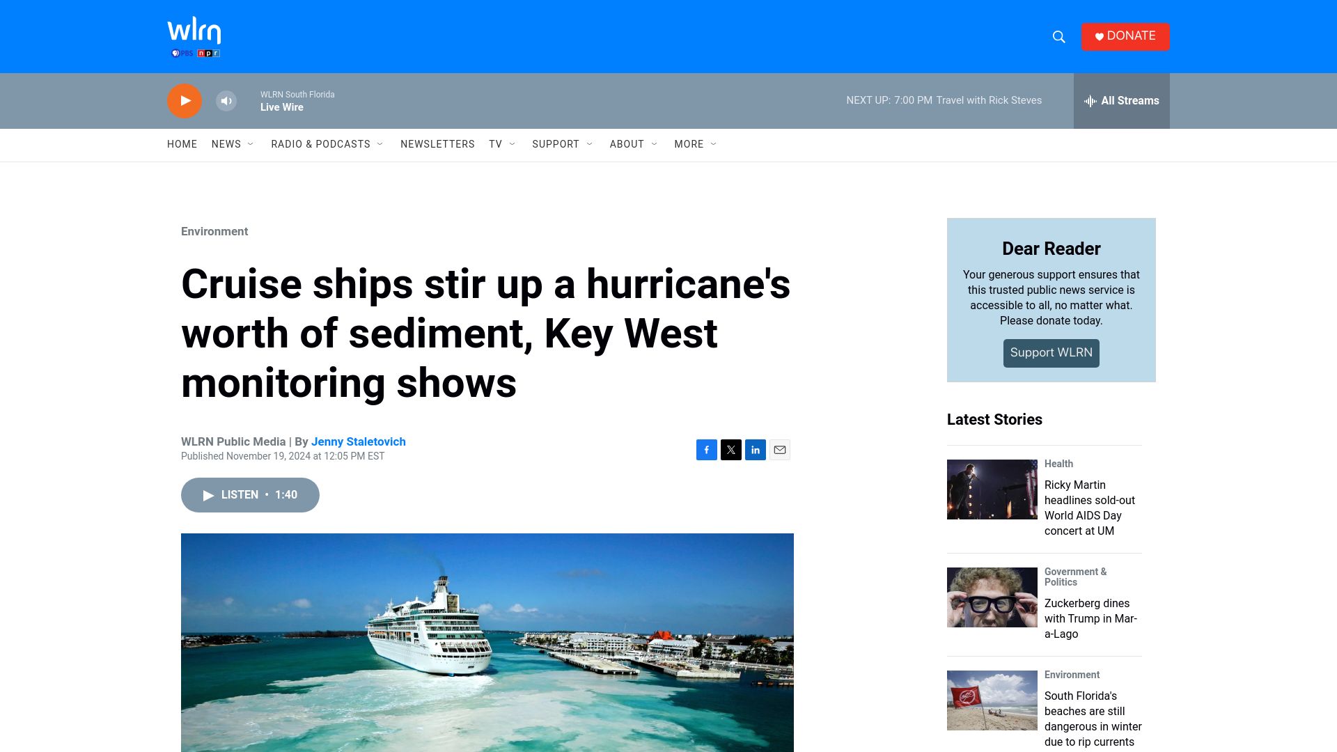 Screenshot of wlrn.org: In shallow waters, cruise ships can churn up as much sediment as a hurricane