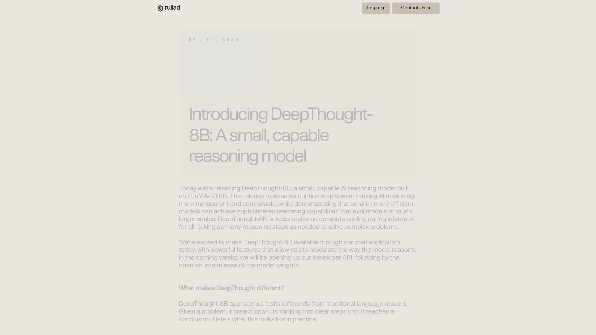 Screenshot of ruliad.co: DeepThought-8B: A small, capable reasoning model