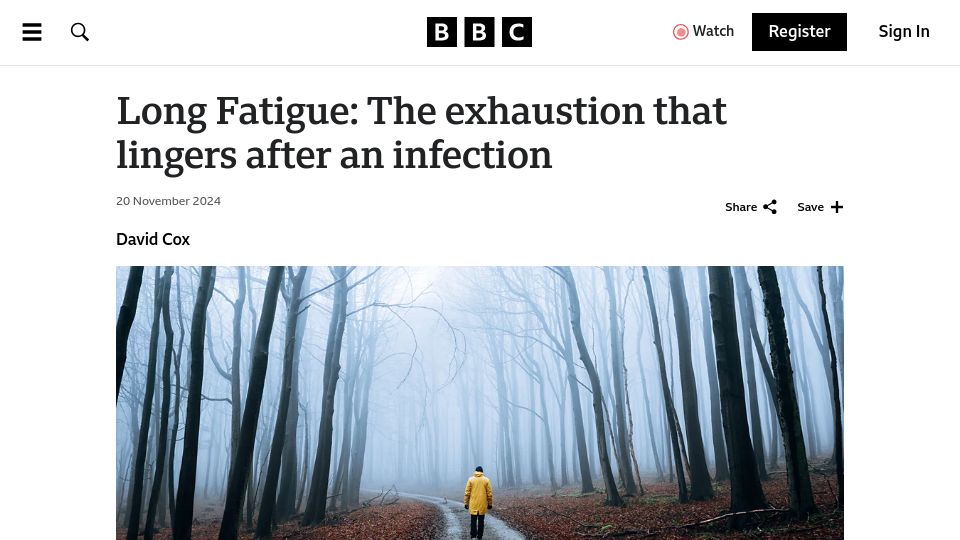 Screenshot of bbc.com: Long Fatigue: The exhaustion that lingers after an infection