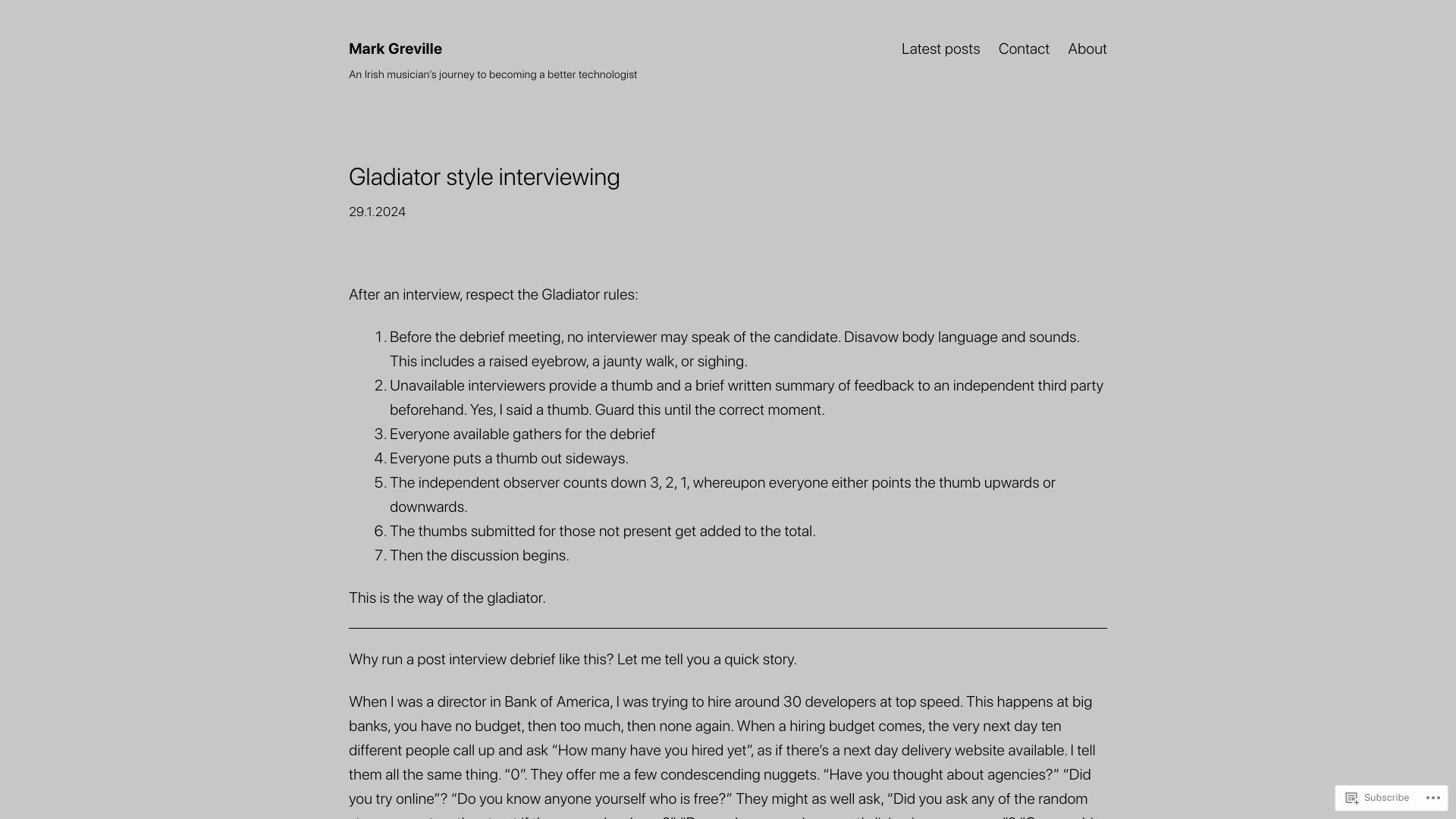 Screenshot of markgreville.ie: Gladiator Style Interviewing