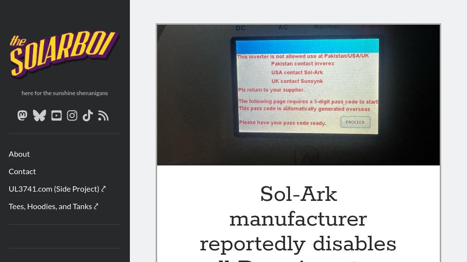 Screenshot of solarboi.com: Sol-Ark manufacturer reportedly disables all Deye inverters in the US