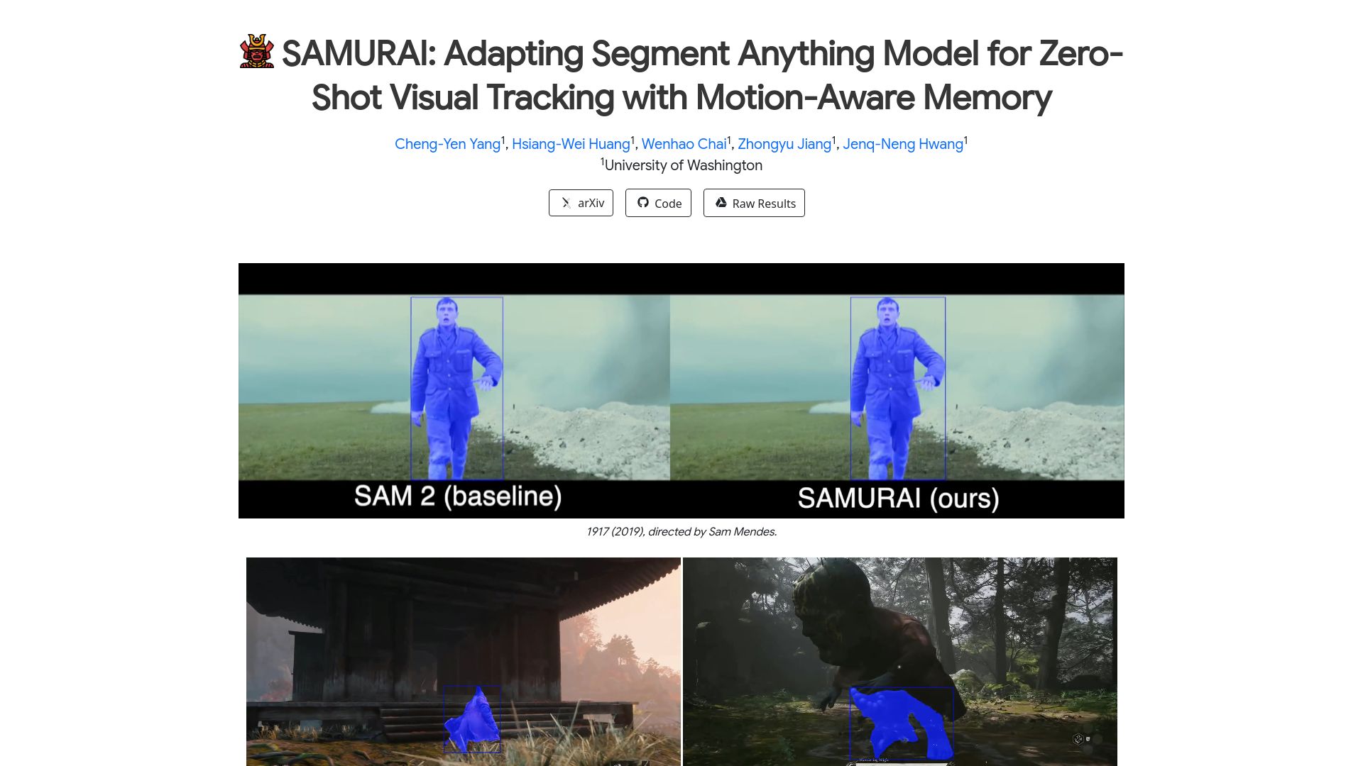 Screenshot of yangchris11.github.io: Samurai: Adapting Segment Anything Model for Zero-Shot Visual Tracking