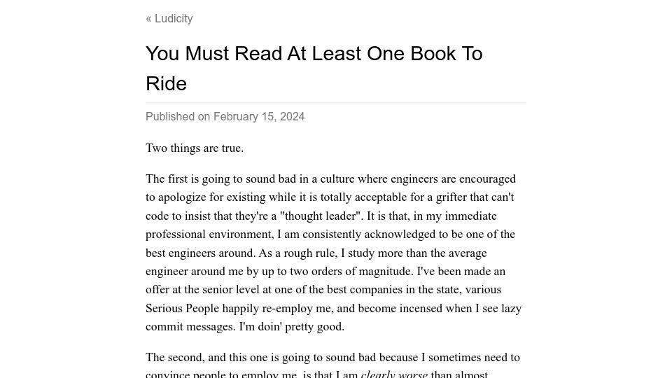 Screenshot of ludic.mataroa.blog: You must read at least one book to ride
