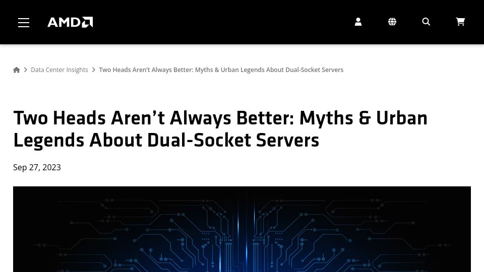 Screenshot of amd.com: Myths and Urban Legends About Dual-Socket Servers