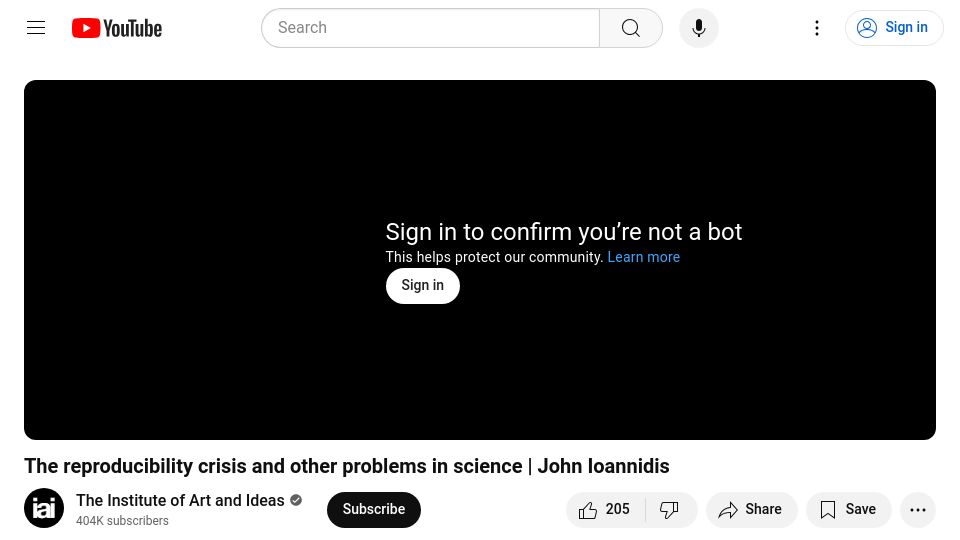 Screenshot of youtube.com: The reproducibility crisis and other problems in science: John Ioannidis [video]