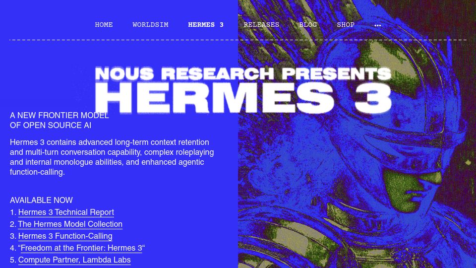 Screenshot of nousresearch.com: Hermes 3 – Nous Research