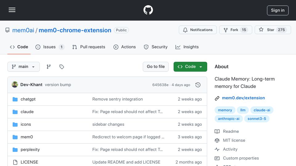 Screenshot of github.com: Show HN: Mem0 Browser Extension: Shared Memory Across ChatGPT,Claude,Perplexity