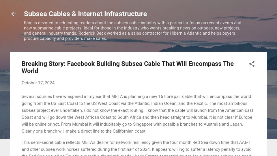 Screenshot of subseacables.blogspot.com: Facebook building subsea cable that will encompass the world