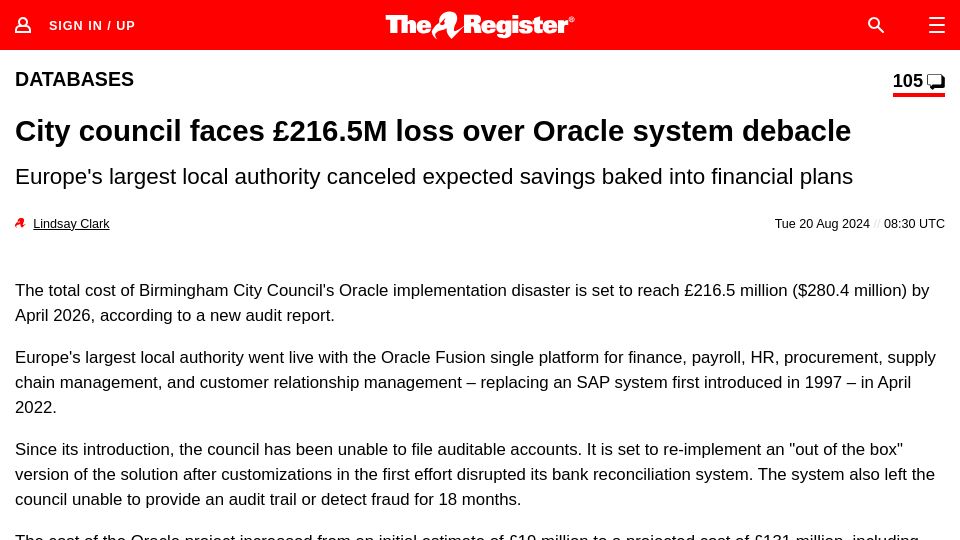 Screenshot of theregister.com: City council faces £216.5M loss over Oracle system debacle
