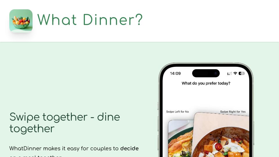 Screenshot of whatdinner.com: Show HN: Tinder, but to decide what to eat
