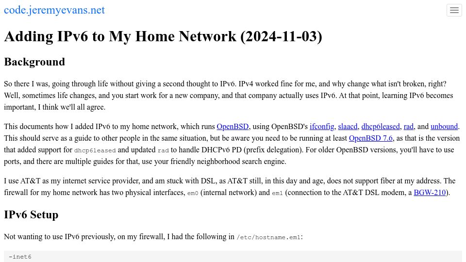 Screenshot of code.jeremyevans.net: Adding IPv6 to My Home Network (2024-11-03)