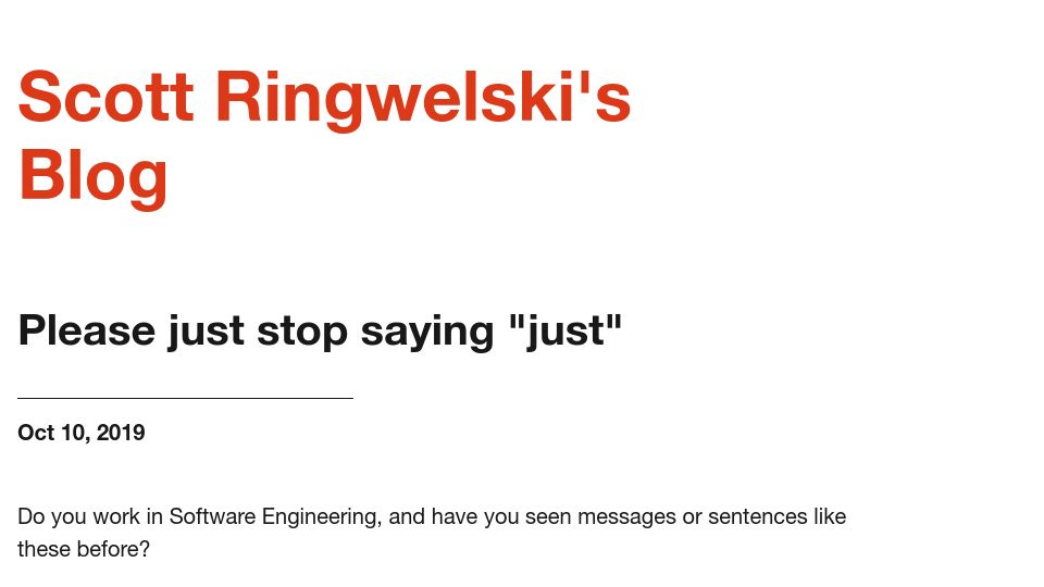 Screenshot of sgringwe.com: Stop saying "just" (2019)