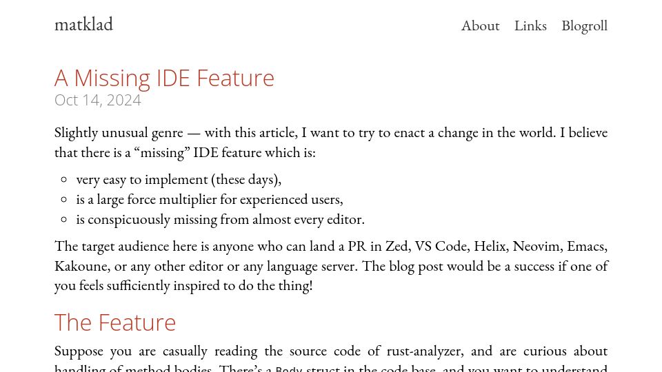 Screenshot of matklad.github.io: A Missing IDE Feature