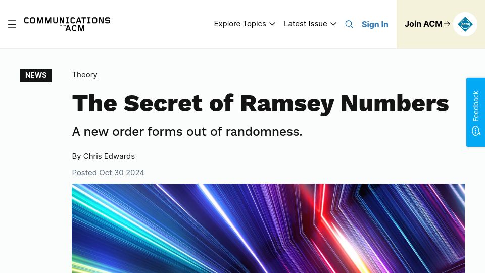 Screenshot of cacm.acm.org: The Secret of Ramsey Numbers