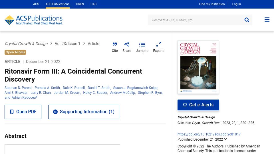 Screenshot of pubs.acs.org: Ritonavir Form III: A Coincidental Concurrent Discovery