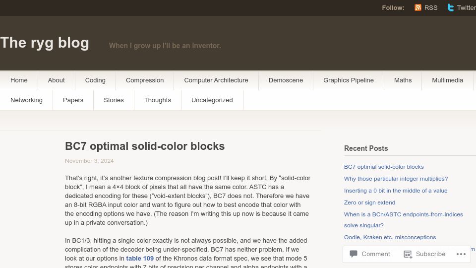 Screenshot of fgiesen.wordpress.com: BC7 optimal solid-color blocks