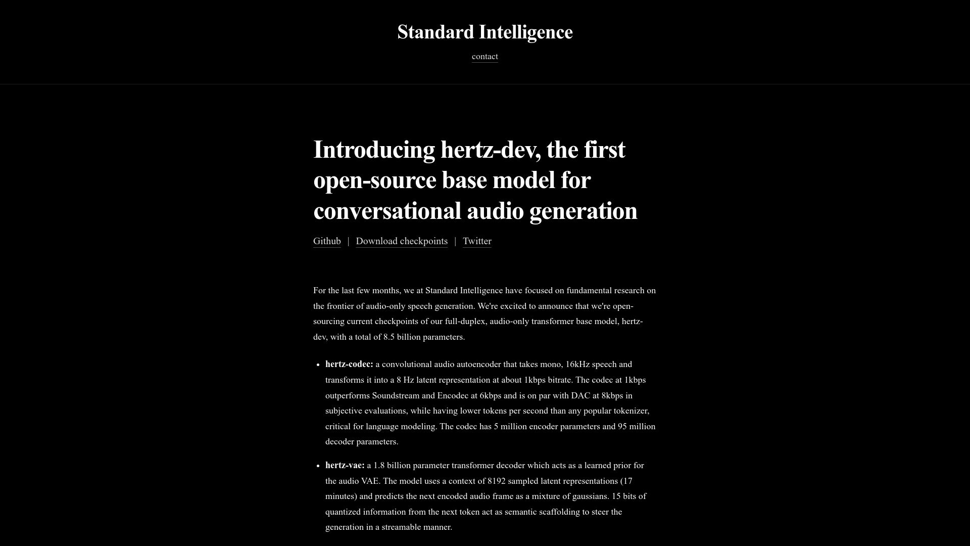 Screenshot of si.inc: Hertz-dev, the first open-source base model for conversational audio