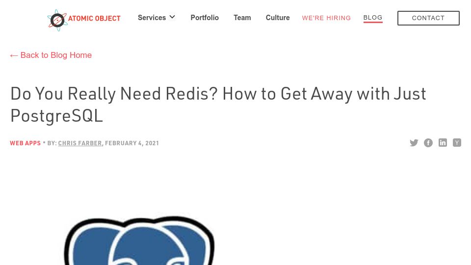 Screenshot of spin.atomicobject.com: Do you need Redis? PostgreSQL does queuing, locking, and pub/sub
