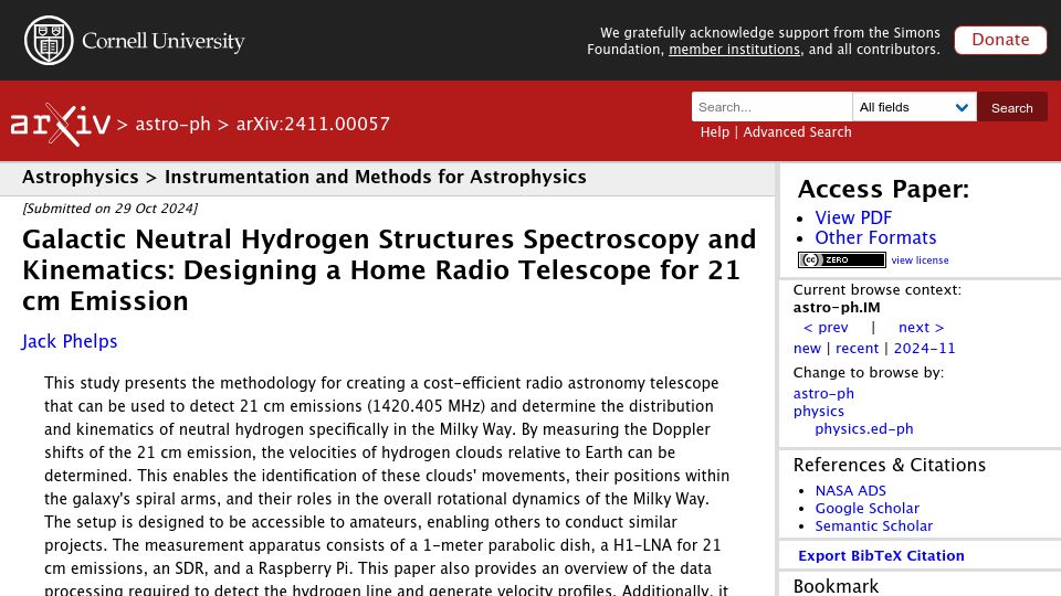 Screenshot of arxiv.org: Designing a Home Radio Telescope for 21 Cm Emission