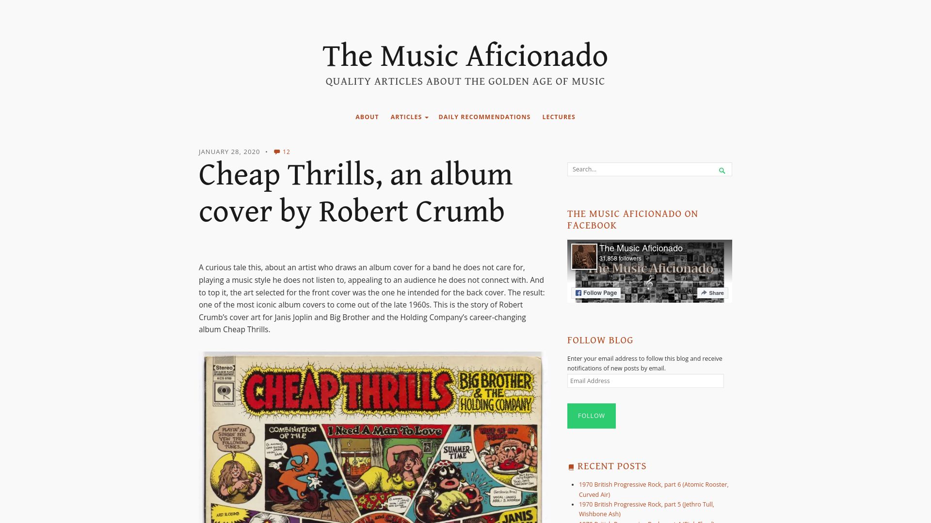 Screenshot of musicaficionado.blog: Cheap Thrills, an album cover by Robert Crumb (2020)