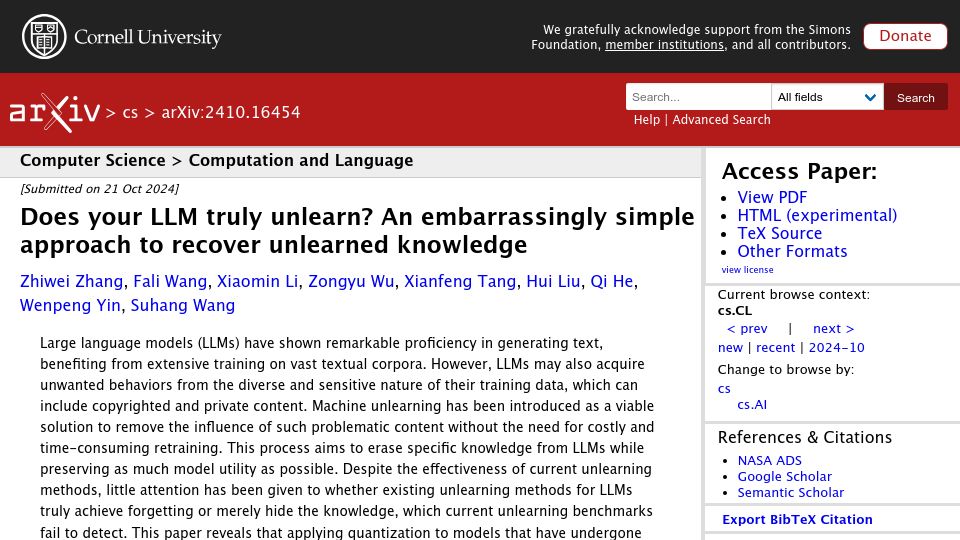 Screenshot of arxiv.org: An embarrassingly simple approach to recover unlearned knowledge for LLMs