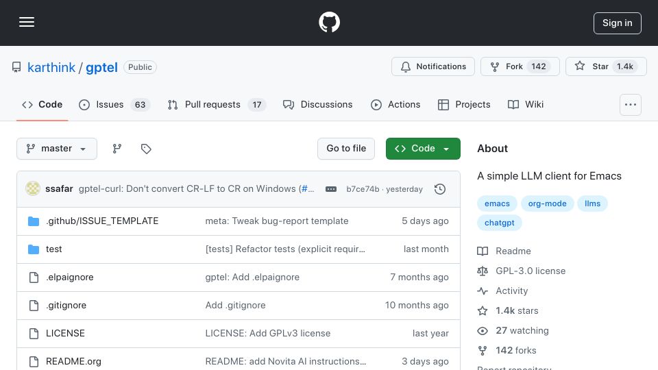 Screenshot of github.com: gptel: a simple LLM client for Emacs