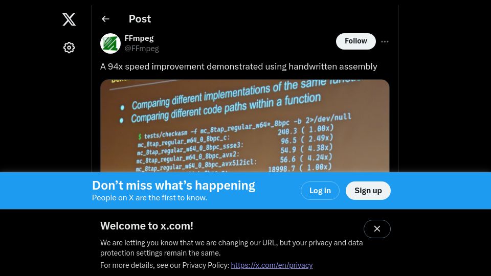 Screenshot of twitter.com: A 94x speed improvement demonstrated using handwritten assembly