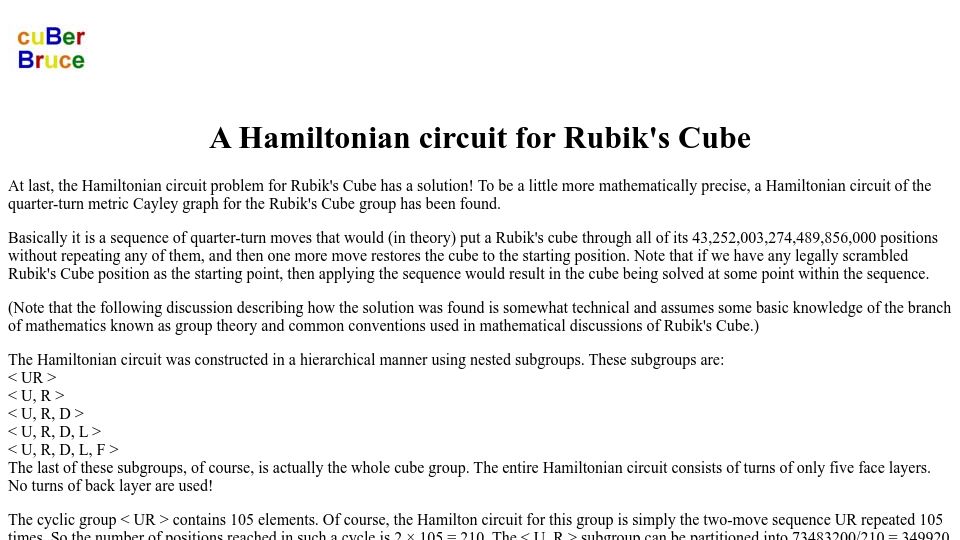 Screenshot of bruce.cubing.net: A Hamiltonian Circuit for Rubik's Cube