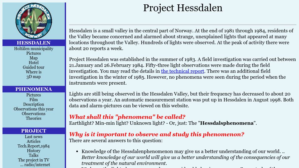 Screenshot of old.hessdalen.org: Project Hessdalen