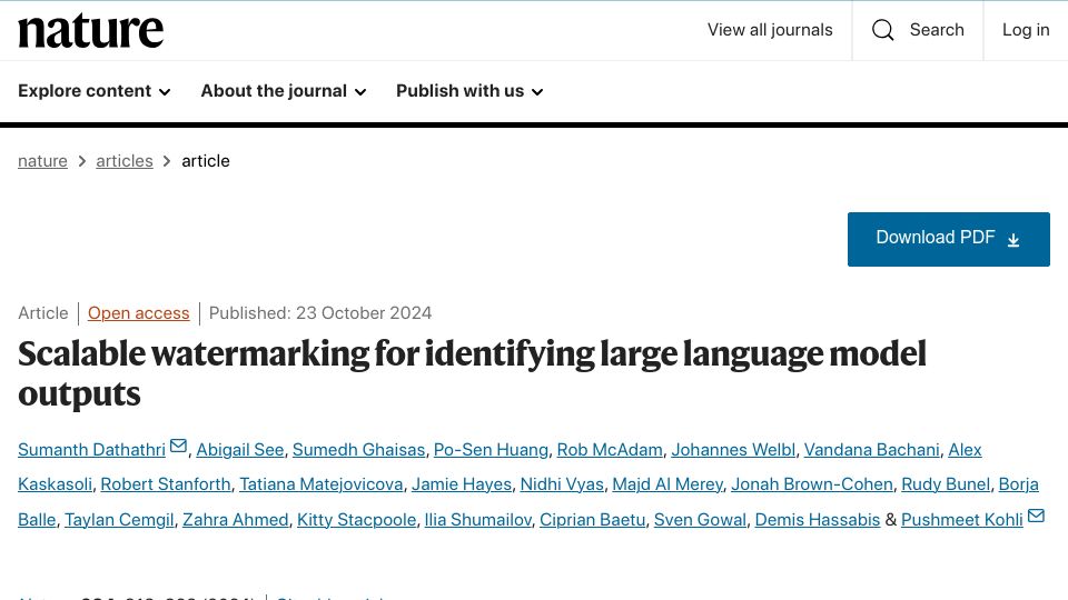 Screenshot of nature.com: Scalable watermarking for identifying large language model outputs