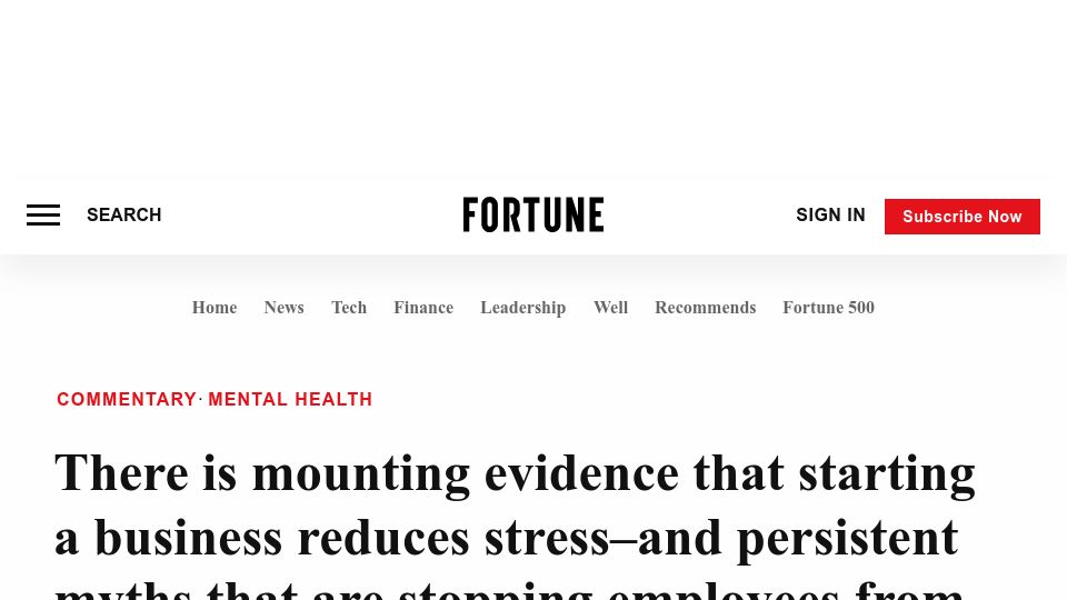 Screenshot of fortune.com: There is mounting evidence that starting a business reduces stress