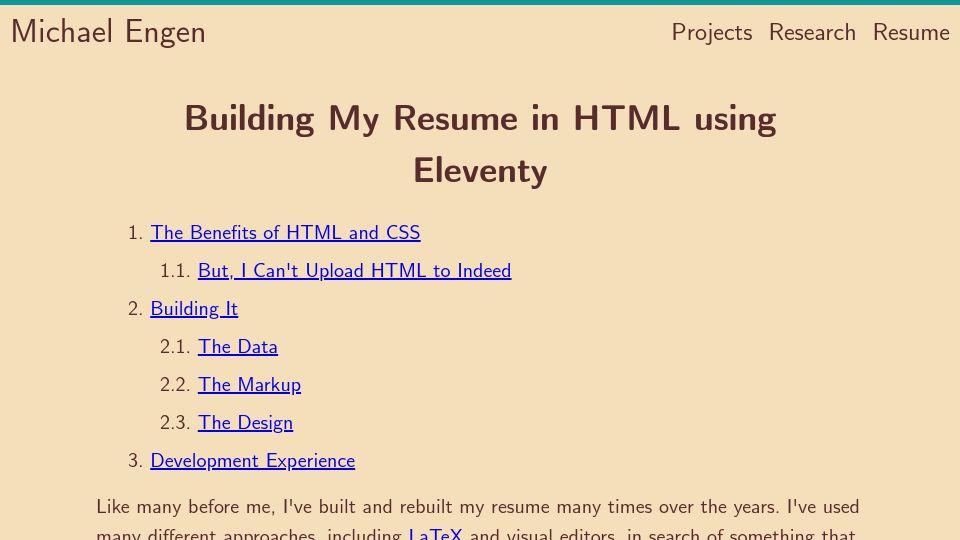 Screenshot of michaelengen.com: Building My Resume in HTML Using Eleventy