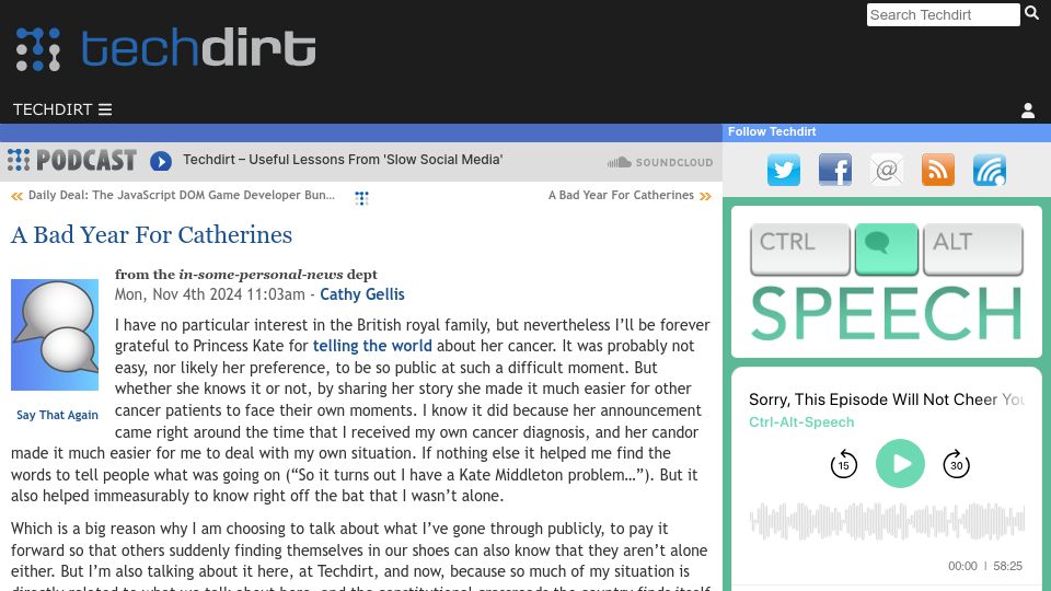 Screenshot of techdirt.com: A Bad Year for Catherines
