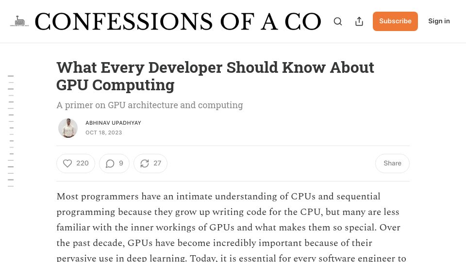 Screenshot of blog.codingconfessions.com: What Every Developer Should Know About GPU Computing (2023)