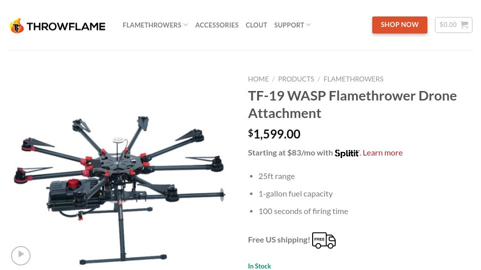 Screenshot of throwflame.com: Wasp Flamethrower Drone Attachment