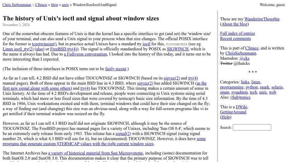 Screenshot of utcc.utoronto.ca: The history of Unix's ioctl and signal about window sizes