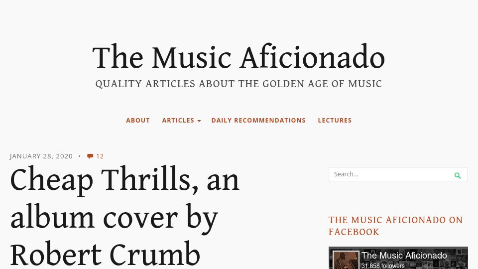 Screenshot of musicaficionado.blog: Cheap Thrills, an album cover by Robert Crumb (2020)