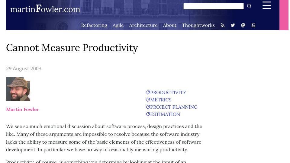 Screenshot of martinfowler.com: Cannot Measure Productivity