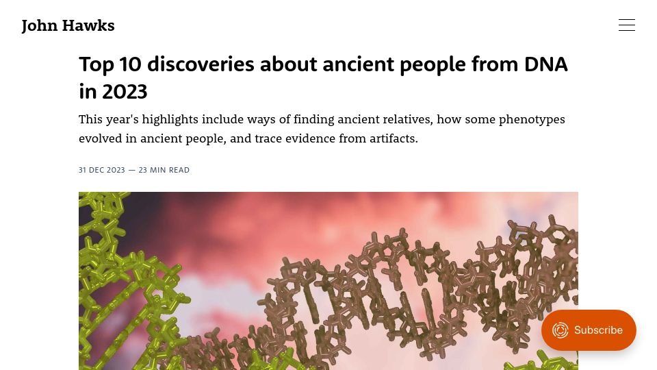 Screenshot of johnhawks.net: Top discoveries about ancient people from DNA in 2023