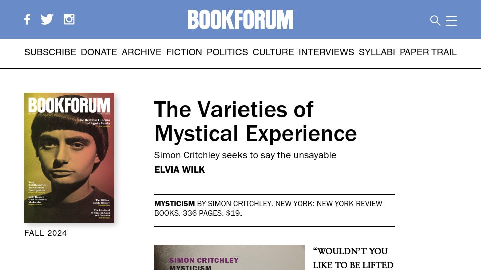 Screenshot of bookforum.com: The Varieties of Mystical Experience